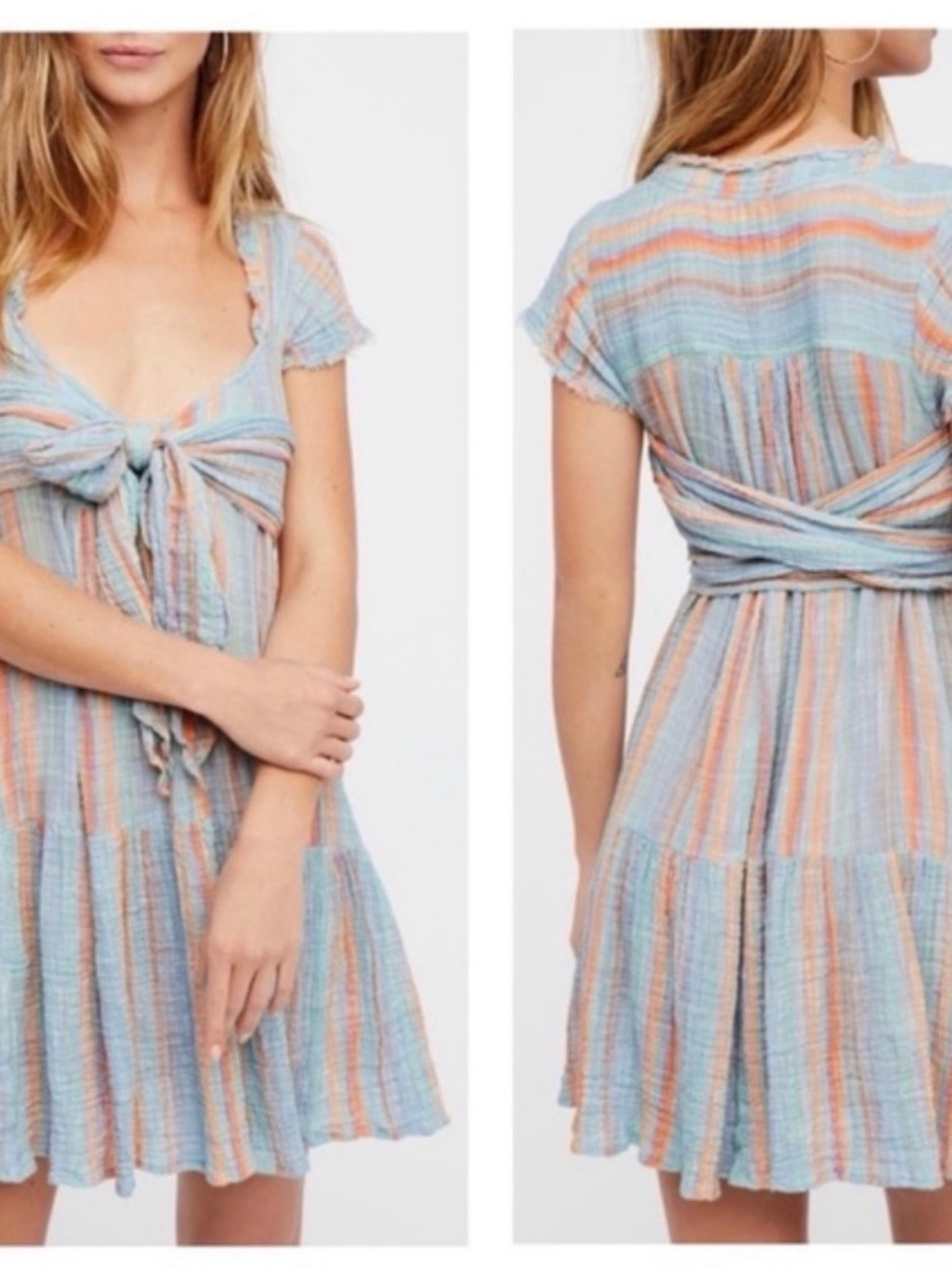 Free People Striped Tie-Front Mini Dress in Light Blue and Peach